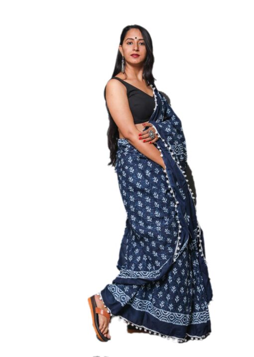 Shivanya Handicrafts Indigo Print Cotton Mulmul Saree for Women Attached Blouse Piece (indigo) - Jimmy Choo Saree Myntra Under 1500 - Image 3