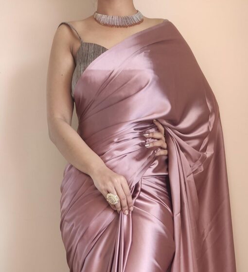 SATAZ Women's Ready to Wear Rose Gold Satin Silk 1 Minute Pre Pleated Saree with Unstitched Rose Gold Blouse - Kancheepuram VRK SIL - Image 3