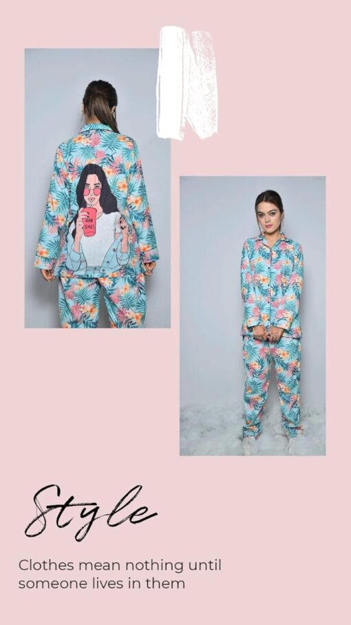 MAISHA CREATION Abstract Print Relaxed Night Suit Set for Women, Girls |Luxurious Full Sleeves Comfortable Shirt and Pajama Sleep Wear Lounge Wear Blue - Plus Size Wedding Sexy Night Wear For Women - Image 3