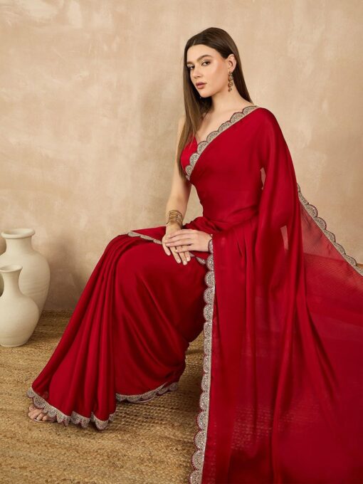 RAJESHWAR FASHION WITH RF Women's Satin Chiffon Sequence Work Embroidery Lace Border Plain Solid Saree - Jimmy Choo Ki Saree Meesho - Image 3