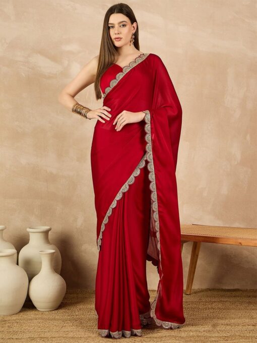 RAJESHWAR FASHION WITH RF Women's Satin Chiffon Sequence Work Embroidery Lace Border Plain Solid Saree - Jimmy Choo Ki Saree Meesho - Image 4