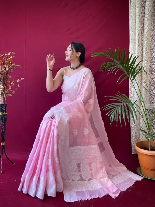 SGF11 Women's Kanjivaram Soft Cotton Linen Silk Saree With Blouse Piece - Jimmy Choo Saree Blouse Designs Back Side - Image 3