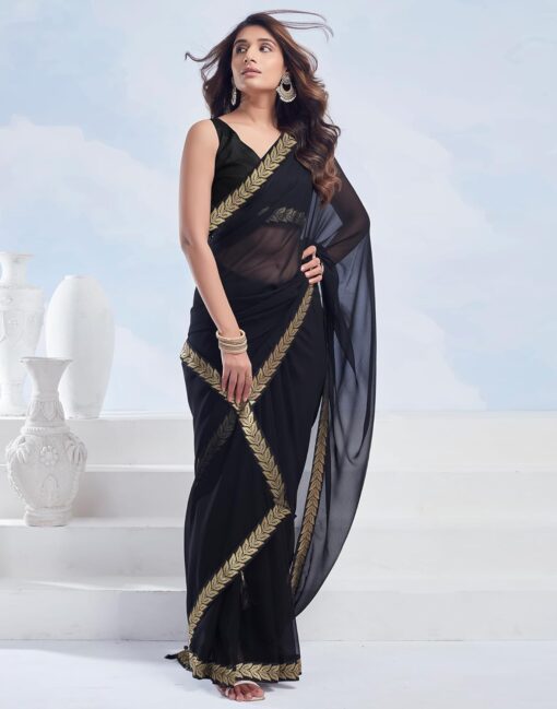 SIRIL Women's Georgette Lace Boarder Saree With Unstitched Blouse Piece - Jimmy Choo Saree Blouse Designs Catalogue - Image 3