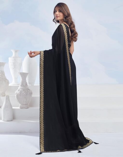 SIRIL Women's Georgette Lace Boarder Saree With Unstitched Blouse Piece - Jimmy Choo Saree Blouse Designs Catalogue - Image 4