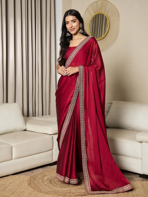 AKHILAM Women's Satin Solid Ready To Wear one Minute Saree With Unstitched Blouse Piece (RTWRADHA1001_RX_Parent) - Jimmy Choo Saree Blouse Designs Images With Price Latest - Image 3