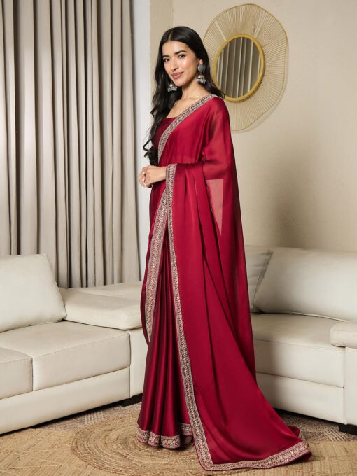 AKHILAM Women's Satin Solid Ready To Wear one Minute Saree With Unstitched Blouse Piece (RTWRADHA1001_RX_Parent) - Jimmy Choo Saree Blouse Designs Images With Price Latest - Image 4