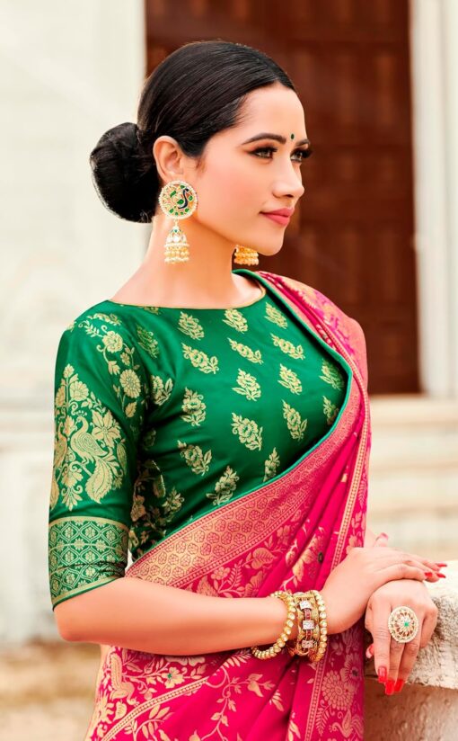 Monjolika Fashion Women's Banarasi Silk Blend Woven Zari With Tussles Saree and Jacquard Woven Blouse Piece (37765 color) - Jimmy Choo Saree Myntra Under 1500 - Image 6