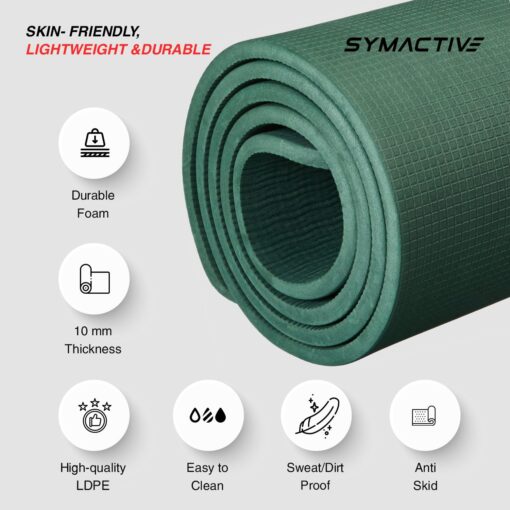 Amazon Brand - Symactive 10mm Anti-Skid Lightweight Water/Dirt Proof LDPE Yoga Mat with Carry Bag (Bottle Green) - Custom Yoga Mats - Image 3