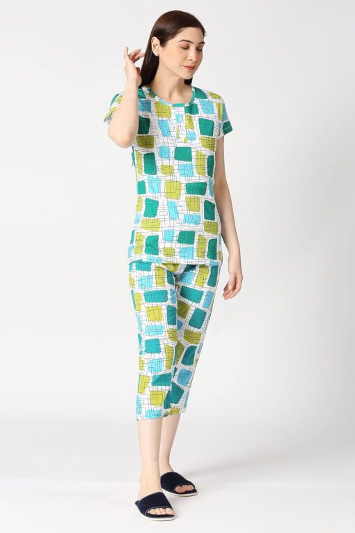 Zebu women's all over print top with neck open & Printed Capri Pack of 1 Night Suit Set - Net Night Dress For Women Sexy - Image 3