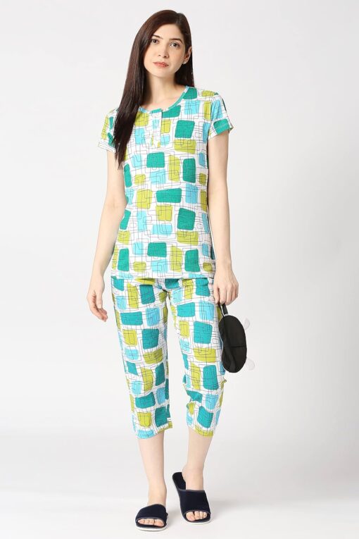 Zebu women's all over print top with neck open & Printed Capri Pack of 1 Night Suit Set - Net Night Dress For Women Sexy - Image 6