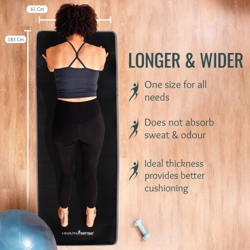 HealthSense Yoga Mat for Women & Men | Exercise Gym Mat for Home Workout with Carry Rope, NBR Material, Anti-Slip Design, 6mm Thick, Dual Color – YM 602 (Black & Grey) - Yoga Mats Near Me - Image 2