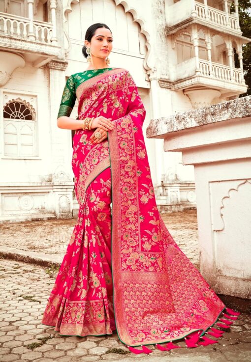 Monjolika Fashion Women's Banarasi Silk Blend Woven Zari With Tussles Saree and Jacquard Woven Blouse Piece (37765 color) - Jimmy Choo Saree Myntra Under 1500 - Image 2