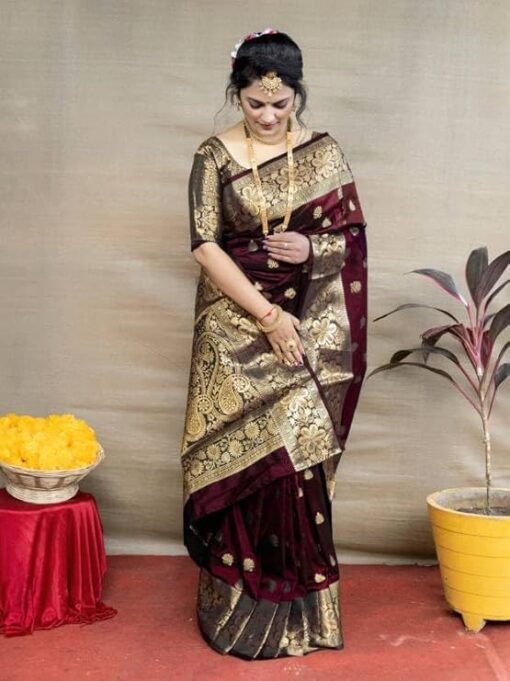 Pervas Women's Pure Banarasi Silk Saree Kanjivaram Style With Blouse Piece (Vruksh) - Jimmy Choo Saree Myntra Under 1500 - Image 2