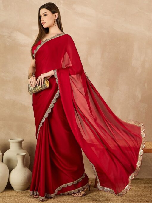 RAJESHWAR FASHION WITH RF Women's Satin Chiffon Sequence Work Embroidery Lace Border Plain Solid Saree - Jimmy Choo Ki Saree Meesho - Image 2