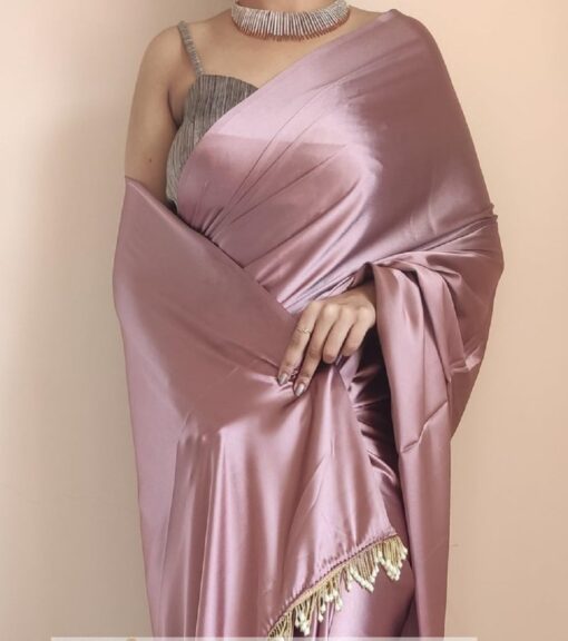 SATAZ Women's Ready to Wear Rose Gold Satin Silk 1 Minute Pre Pleated Saree with Unstitched Rose Gold Blouse - Kancheepuram VRK SIL - Image 2