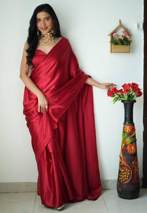 SATAZ Women's Ready to Wear Satin Silk 1 Minute Pre Pleated Pain Bollywood Saree with Unstiched Blouse (Maroon) - Designer Saree Jimmy Choo Saree Meesho - Image 2