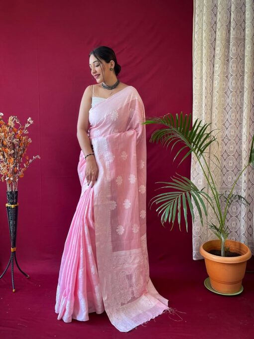 SGF11 Women's Kanjivaram Soft Cotton Linen Silk Saree With Blouse Piece - Jimmy Choo Saree Blouse Designs Back Side - Image 2