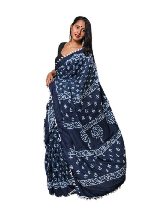 Shivanya Handicrafts Indigo Print Cotton Mulmul Saree for Women Attached Blouse Piece (indigo) - Jimmy Choo Saree Myntra Under 1500 - Image 2