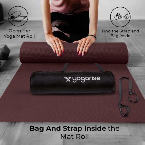 Yogarise 6mm Anti-Skid Yoga Mat with Carry Bag & Strap For Home Gym & Outdoor Workout, Water-Resistant, Super Soft, Easy to Fold (Wine) - Printed Yoga Mats - Image 2