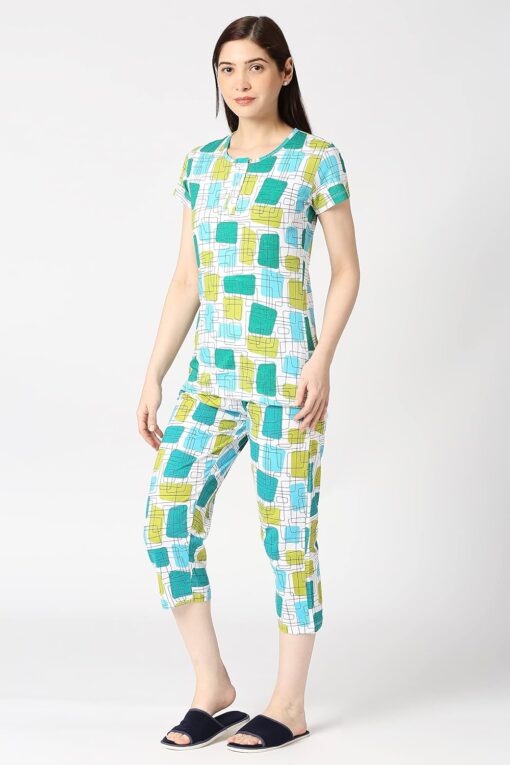 Zebu women's all over print top with neck open & Printed Capri Pack of 1 Night Suit Set - Net Night Dress For Women Sexy - Image 2