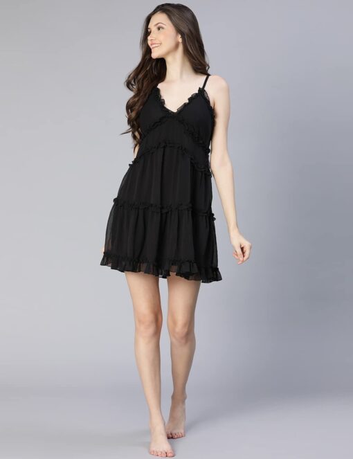 oxolloxo Women Relaxed Fit Polyester Flared Solid Lounge Wear Nightwear Dress - Sexy Night Wear For Women Video - Image 2