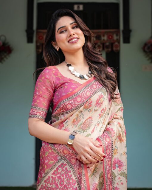 ALMAARI FASHION Traditional Cotton Silk Saree for Women with Floral Print, Pink Border, Tassels and Blouse Piece, Designer Saree, 5.5 Metres Off-White - Kancheepuram Vrk Silks Hyderabad - Image 3