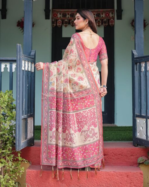 ALMAARI FASHION Traditional Cotton Silk Saree for Women with Floral Print, Pink Border, Tassels and Blouse Piece, Designer Saree, 5.5 Metres Off-White - Kancheepuram Vrk Silks Hyderabad - Image 4