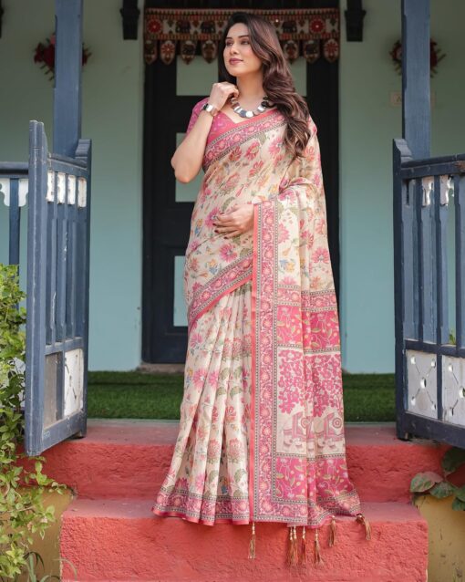 ALMAARI FASHION Traditional Cotton Silk Saree for Women with Floral Print, Pink Border, Tassels and Blouse Piece, Designer Saree, 5.5 Metres Off-White - Kancheepuram Vrk Silks Hyderabad - Image 9