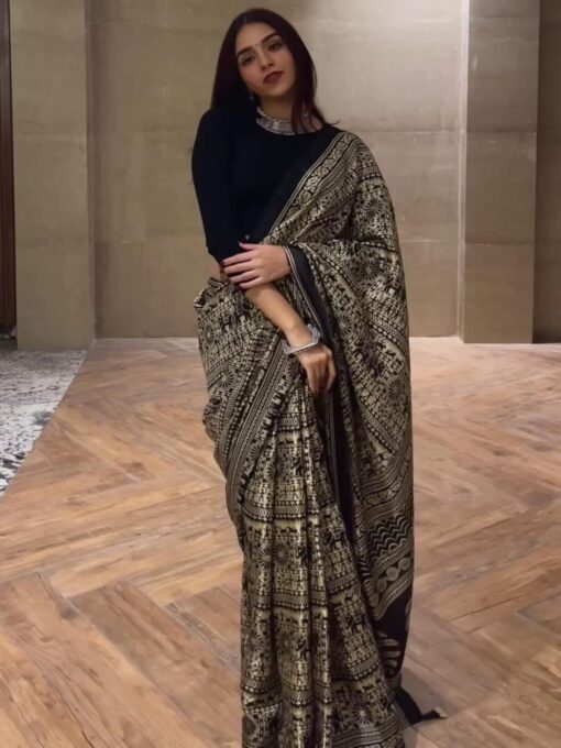 EthnicJunction Women's Art Silk Kalamkari Print Saree With Blouse Piece,black - Kancheepuram Vrk Silks Karimnagar Photos - Image 4