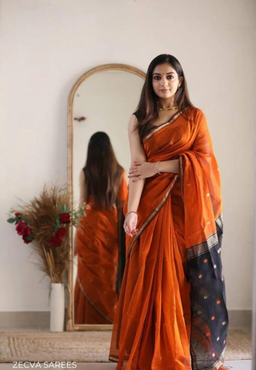 ZECVA Women's Pure Spun Linen Cotton Lichi Silk Saree With Attach Unstitch Blouse Piece - Kancheepuram Vrk Sil Open Now - Image 3