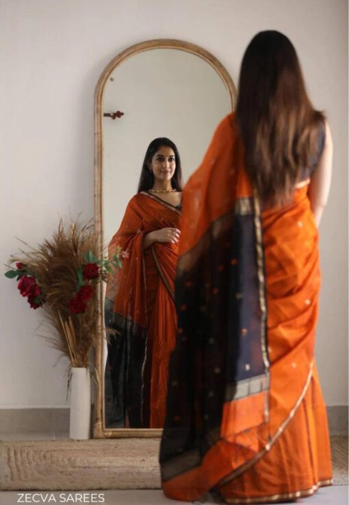 ZECVA Women's Pure Spun Linen Cotton Lichi Silk Saree With Attach Unstitch Blouse Piece - Kancheepuram Vrk Sil Open Now - Image 4