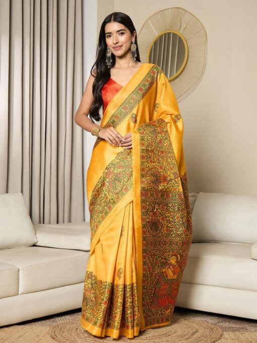 SAREE MALL Women's Khadi Silk Madhubani Printed Ready To Wear one Minute Saree With Unstitched Blouse Piece - Kancheepuram Vrk Silks Karimnagar Photos - Image 3