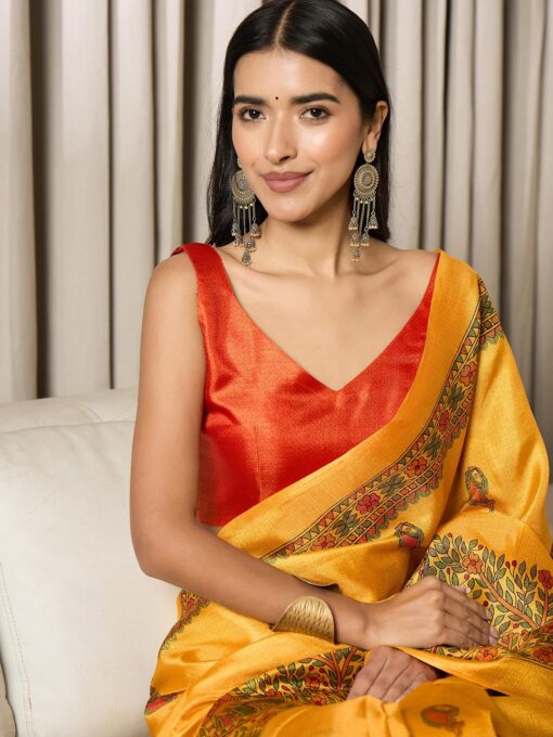 SAREE MALL Women's Khadi Silk Madhubani Printed Ready To Wear one Minute Saree With Unstitched Blouse Piece - Kancheepuram Vrk Silks Karimnagar Photos - Image 5