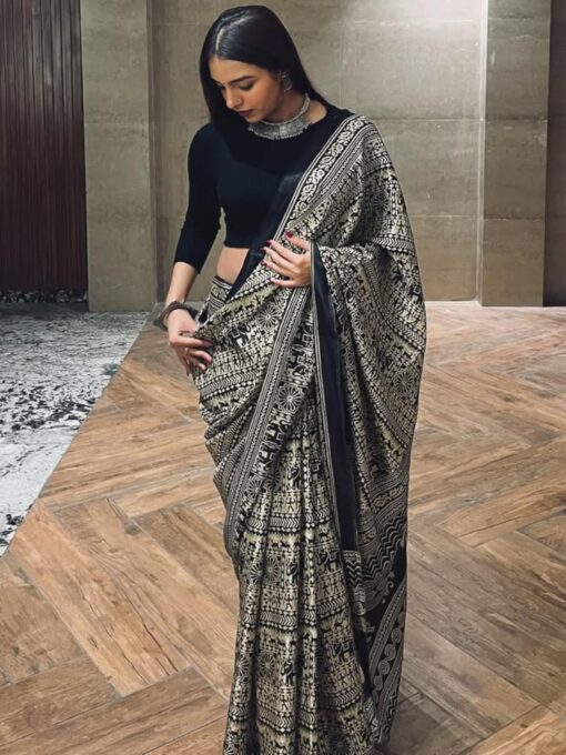 EthnicJunction Women's Art Silk Kalamkari Print Saree With Blouse Piece,black - Kancheepuram Vrk Silks Karimnagar Photos - Image 2