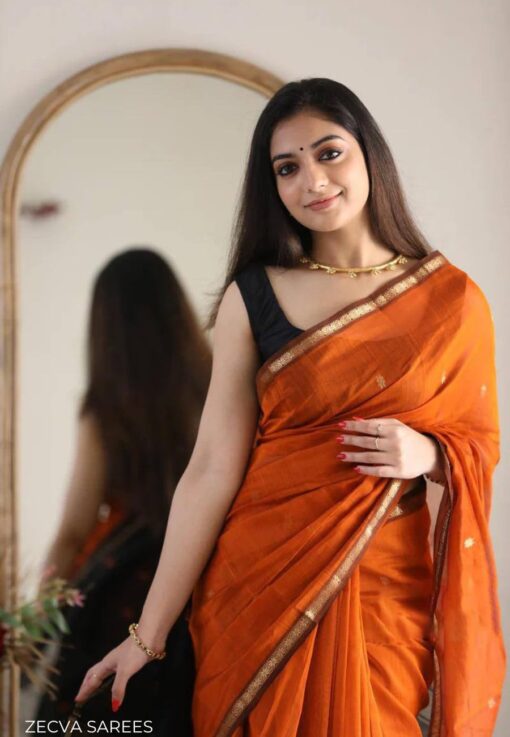 ZECVA Women's Pure Spun Linen Cotton Lichi Silk Saree With Attach Unstitch Blouse Piece - Kancheepuram Vrk Sil Open Now - Image 2