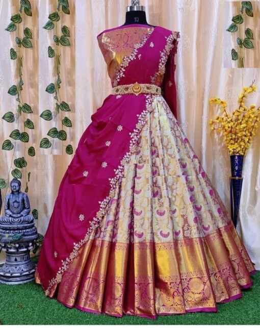 ZITON ENTERPRISE Women's Lehanga Kanjivaram Silk Pure Zari With Blouse Along With Heavy Jacquard Zari Work Banarashi Silk Dupatta Net Cut Work Traditional Half Saree(PINK) - Kancheepuram VRK SIL - Image 2