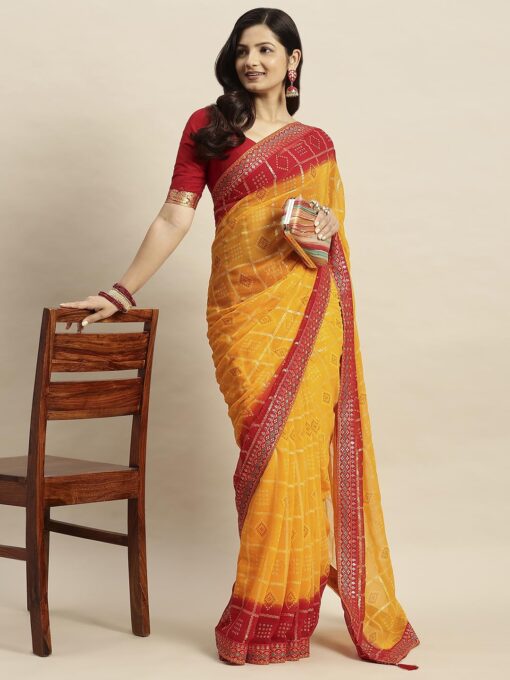 RATAN Women's Chiffon Bandhani Printed Saree without Blouse Piece - Kancheepuram VRK SIL - Image 3