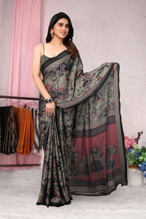 MIRCHI FASHION Women's Plain Weave Chiffon Ethnic Motif Printed Saree with Blouse Piece - Kancheepuram Vrk Sil Open Now - Image 9