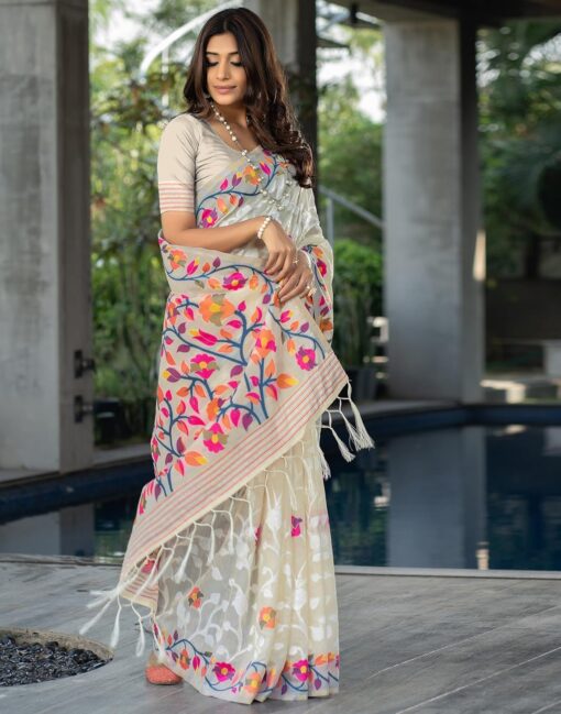 SIRIL Women's Cotton Jacquard Saree With Unstitched Blouse Piece - Kancheepuram Vrk Silks - Image 3