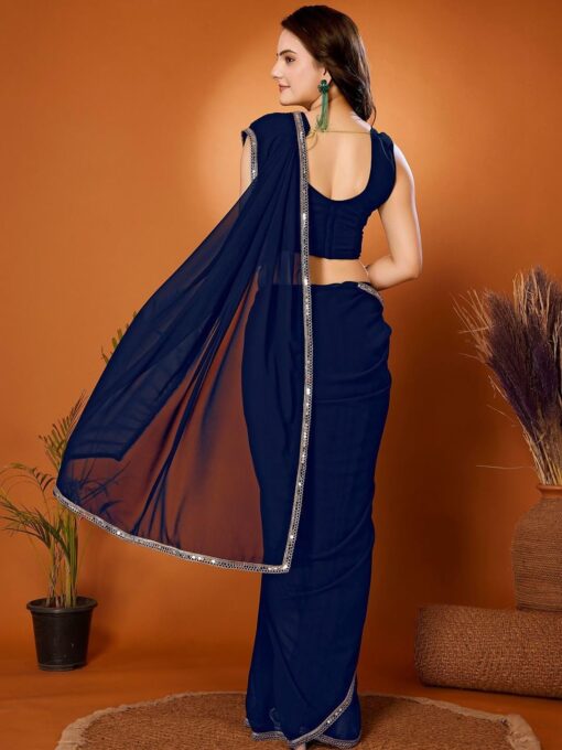SHOPAZ Women's Ready to Wear Navy Blue Georgette 1 Minute Pre Pleated Mirror Saree With Unstiched Blouse - Kancheepuram Vrk Silks Karimnagar Photos - Image 3