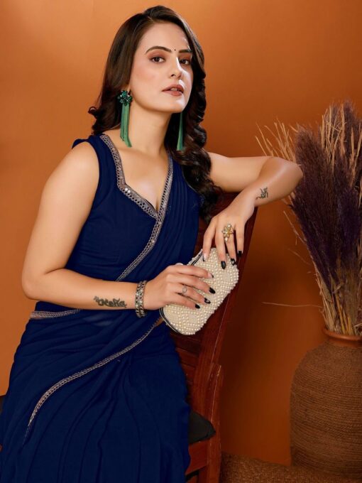 SHOPAZ Women's Ready to Wear Navy Blue Georgette 1 Minute Pre Pleated Mirror Saree With Unstiched Blouse - Kancheepuram Vrk Silks Karimnagar Photos - Image 5