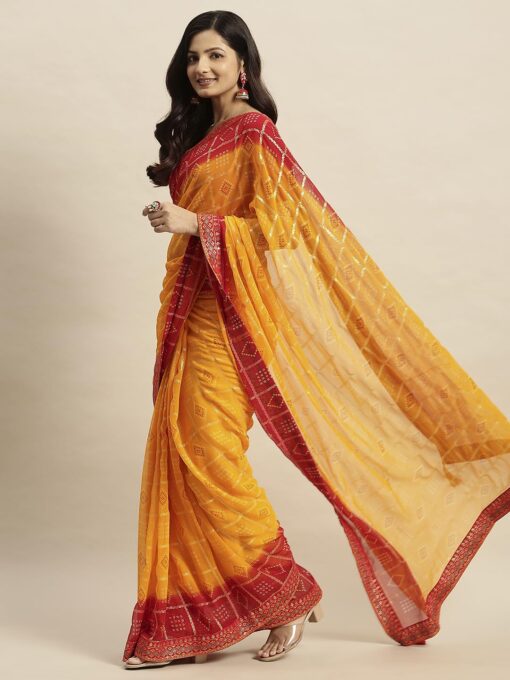 RATAN Women's Chiffon Bandhani Printed Saree without Blouse Piece - Kancheepuram VRK SIL - Image 2