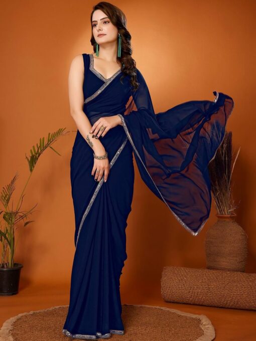 SHOPAZ Women's Ready to Wear Navy Blue Georgette 1 Minute Pre Pleated Mirror Saree With Unstiched Blouse - Kancheepuram Vrk Silks Karimnagar Photos - Image 2