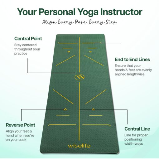 WiseLife TRU Body Alignment Yoga Mat + Sleek Yoga Strap for Men and Women | Non-Slip Textured Extra Wide & Thick | Pro Balance TPE Exercise Mat For Home, Pilates, Gym & Fitness (6mm, Green) - Online Yoga Mats - Image 2