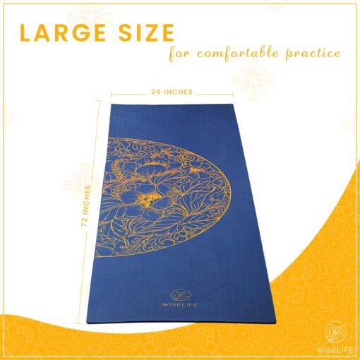 Wiselife Thermoplastic Elastomers Printed 6Mm Yoga Mat+Yoga Strap For Men,Women,Kids|Anti-Slip Extra Thick,Long&Wide Exercise Sports Mat For Workout,Fitness,Yoga,Gym,Home&Pilates (Navy Blue Mandala) - Cotton Yoga Mats - Image 2
