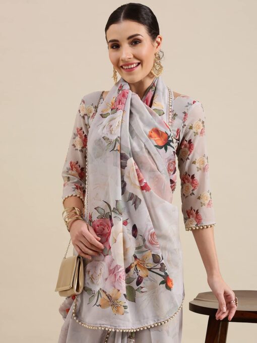 Yana fab Women,s Georgette With Printed And Pearl Lace Border Saree With Unstitched Blouse Piece - Kancheepuram Vrk Sil Open Now - Image 3