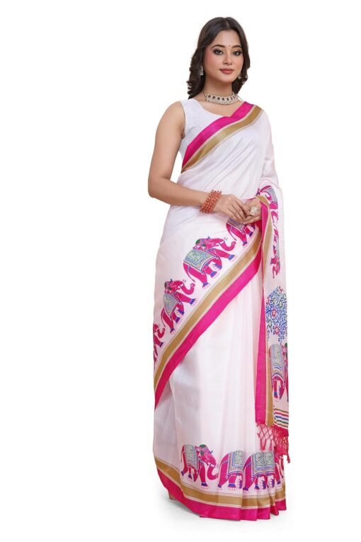 Aangan Silk Elephant Print Saree for Women | Khadi Silk Saree with Unstitched Blouse Piece | Wedding/Festive Sarees | Everyday Sari - Kancheepuram Vrk Silks - Image 3