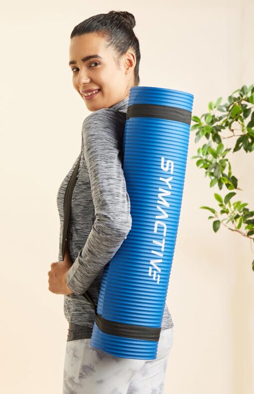 Amazon Brand - Symactive 10mm Extra Thick NBR Yoga Mat with Carrying Strap, Yoga Mat for Women & Men for Workout, Yoga and Fitness (Blue) - Yoga Mats Online - Image 4