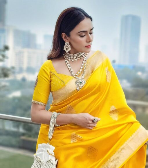 Flosive Women's Beautiful Hot Yellow Shine Kanjivaram Wedding Saree With Blouse - Kancheepuram Vrk Silks Hyderabad - Image 4