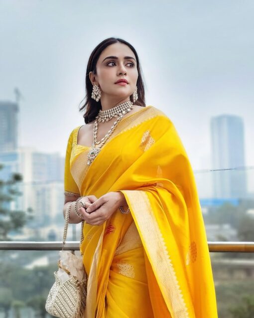 Flosive Women's Beautiful Hot Yellow Shine Kanjivaram Wedding Saree With Blouse - Kancheepuram Vrk Silks Hyderabad - Image 6